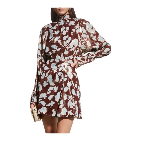 Tanya Taylor Dresses & Skirts - Tanya Taylor Hannah Mini Dress Tie Neck in Brown Floral Lame Size 10
